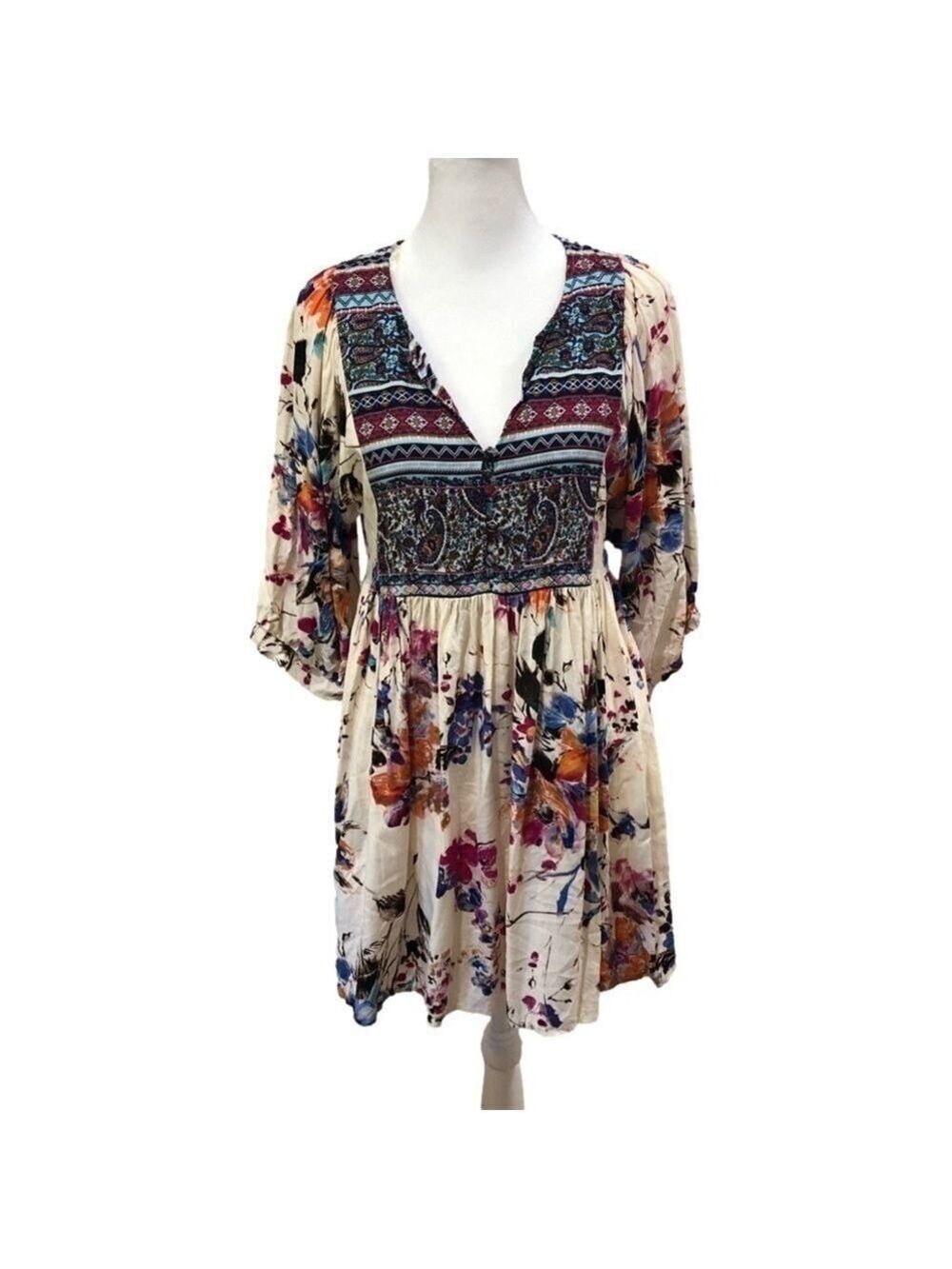 Umgee Size S babydoll peasant boho floral paisley print mini dress/tunic autumn